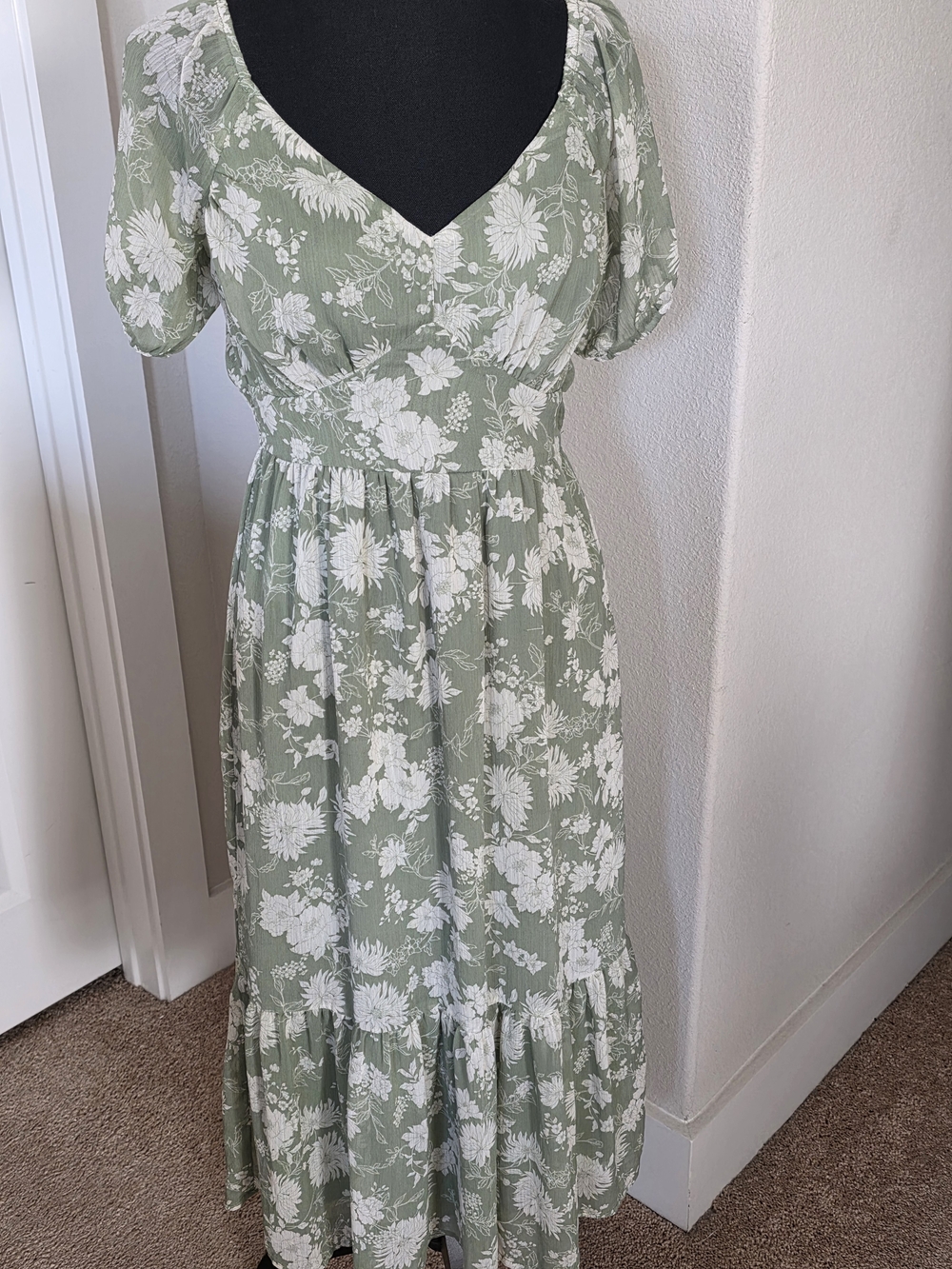 Sage Green Floral Maxi Dress with V-Neck
